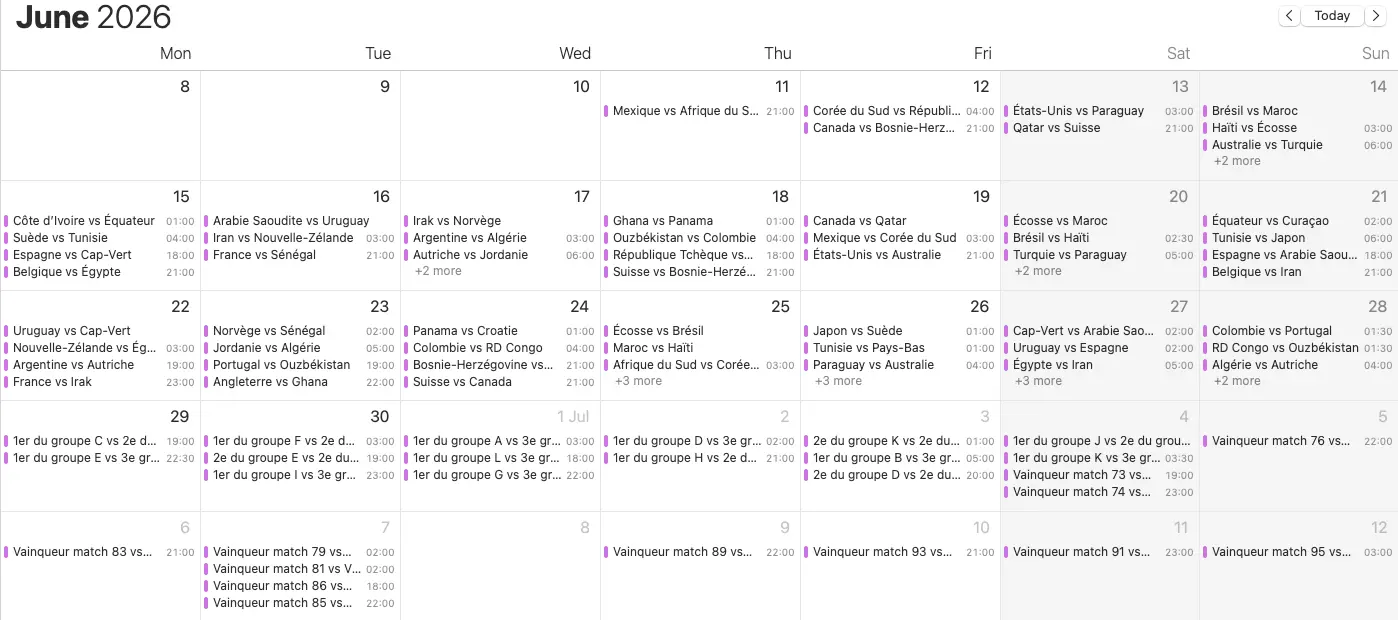 Vista previa del calendario de la Copa del Mundo 2026 en Google Calendar, con todos los partidos de la fase de grupos y las fases finales con nombres provisionales